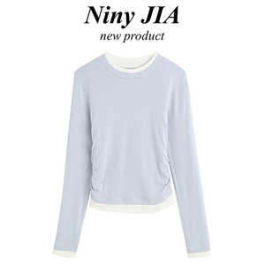 Niny JIA撞色t恤女春季新款内搭氛围感长袖打底衫假两件上衣潮女