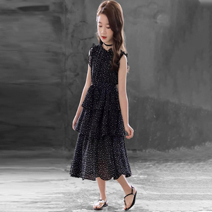 Mapping香港轻奢女童夏季新款波点黑色蛋糕裙时尚气质褶皱连衣裙