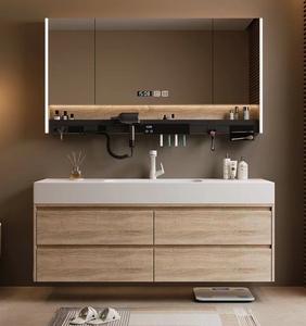 美国进口杜邦可丽耐一体盆浴室柜组合智能卫生间日式原木风洗手台