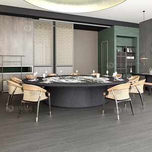 新中式酒店电动餐桌大圆桌20人岩板实木平行升降转盘会所家具定制