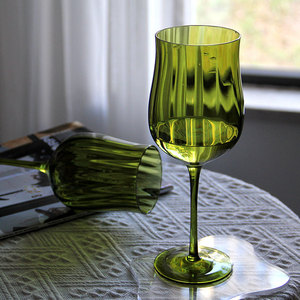 法式郁金香红酒杯绿色轻奢高脚杯葡萄酒杯波纹香槟杯复古小众设计