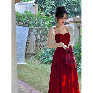 法式小香风高级感长裙气质名媛仙女红色吊带连衣裙子两件套装秋季