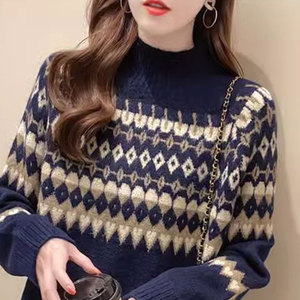 胖mm大码女装半高领针织毛衣女冬季复古韩版羊毛中长款宽松打底衫