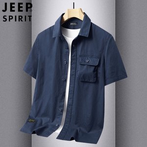 JEEP吉普短袖衬衫男士夏季纯棉工装美式休闲薄款纯色宽松衬衣外套