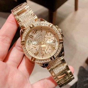 代购正品GUESS盖斯手表时尚金色钢带夜光镶钻三眼石英女表W1156L2