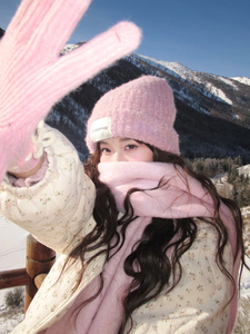 韩系粉色针织毛线帽子围巾手套三件套女冬季2024新款冷帽大头围