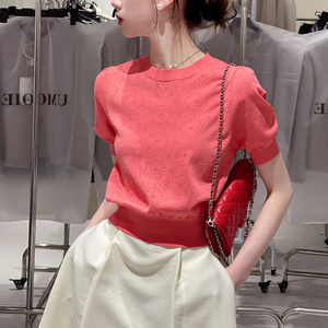 法式复古小香风设计镂空圆领短袖T恤女2023夏季新款西瓜红针织衫