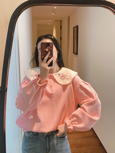 大码韩国女装2024秋东新款甜美加绒小熊刺绣娃娃领粉色泡泡袖卫衣