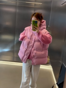 大码韩国女装2024冬季新款简约腰间百搭抽绳连帽粉色棉服马甲外套