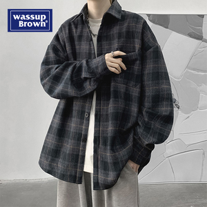 WASSUP日系复古格子衬衫男士春秋季休闲外套长袖呢子衬衣潮牌男款