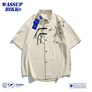 WASSUP BIKK新中式国风竹子刺绣短袖衬衫男夏季潮流宽松休闲衬衣