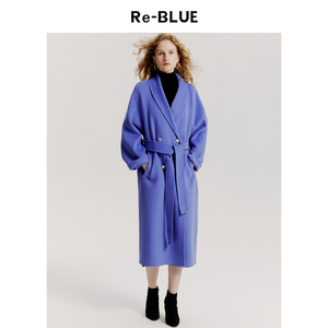 Re-BLUE轻奢优雅女装气质知性青果领双排扣过膝长款毛呢大衣外套