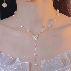 长款珍珠项链女2023年新款潮小众设计感高级贝壳蝴蝶吊坠锁骨链女