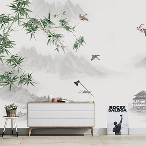 新中式花鸟富贵壁画水墨山水竹子书房卧室壁纸客厅花鸟背景墙墙布