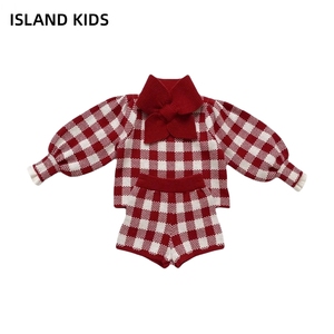 island | 女童新年圣诞暗红色格子针织毛衣套装泡泡袖上衣裤腿裤