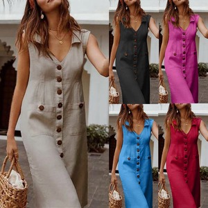 2022 Fashion Summer Women's V-Neck Dress Pocket Design连衣裙