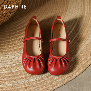 达芙妮平底玛丽珍鞋子女2024夏季新款酒红色小皮鞋软底奶奶鞋单鞋