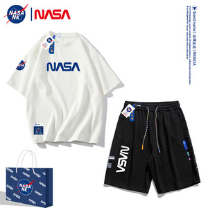 NASA联名夏季短袖t恤男士美式情侣套装宽松潮牌一套搭配帅气衣服