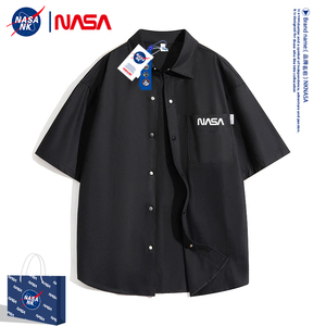 NASA联名黑色短袖衬衫男士夏季冰丝休闲半袖外套男款衬衣痞帅上衣