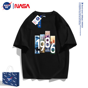 NASA联名黑色短袖t恤男士夏季纯棉半截袖美式复古男款圆领体恤衫