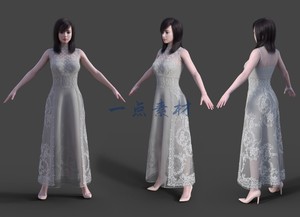 模型素材maya 3Dmax亚洲女孩连衣长裙优雅礼服长裙装三维女性人物