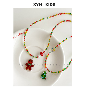 儿童圣诞节饰品彩色串珠项链可爱姜饼人小众手工设计女童吊坠饰品