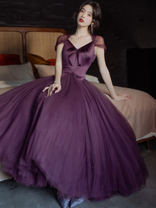 紫伊芙伯爵Dita同款重工梦幻紫色礼服l领证订婚纱裙轻婚纱蓬蓬裙