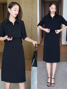 韩式大码假两件中袖A字裙女2024新款时尚气质收腰显瘦宽松连衣裙