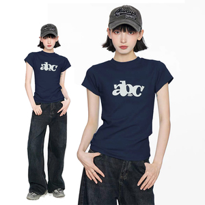 HEYABC夏季短裤T恤修身logo显瘦弹力美式上衣印花字母ABC短袖T恤