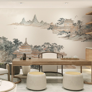 现代新中式意境大气水墨山水阁楼沙发背景墙纸墙画定制无纺布壁纸