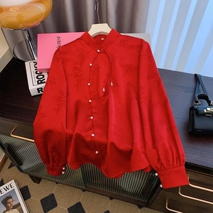宽松大码胖mm300斤新中式国风改良盘扣衬衫女红色上衣配马面裙子