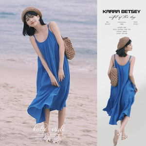 2024新款小个子海边度假沙滩裙蓝色吊带连衣裙子法式长裙夏季女装