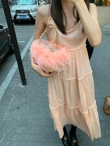 复古橘粉色设计感小个子吊带连衣裙女2024夏季新款薄款长款公主裙