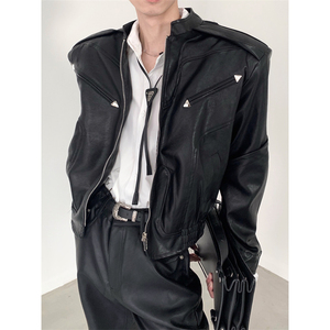 秋山风/小众金属设计感黑色pu皮衣外套男高级感短款垫肩夹克机车