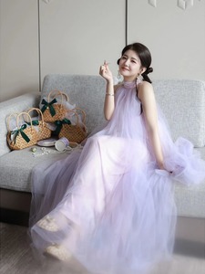 法式轻婚纱晨袍女新娘礼服裙高端轻奢小众气质紫色仙气挂脖连衣裙