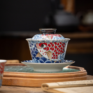 青花福龙鱼三才盖碗茶杯单个茶碗高档陶瓷泡茶碗家用喝茶功夫茶具