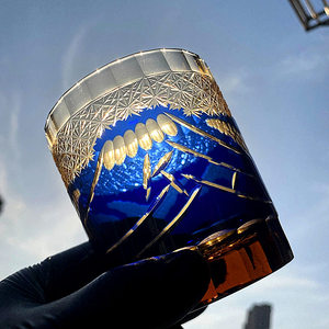 江户切子日本富士山水晶玻璃杯日式威士忌酒杯手工雕刻复古工艺品