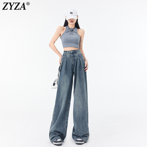 ZYZA复古阔腿牛仔裤女长裤2024年夏季新款高腰垂坠设计感拖地裤子