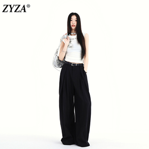 ZYZA设计感黑色压皱阔腿休闲裤女2024夏天新款韩式辣妹宽松直筒裤