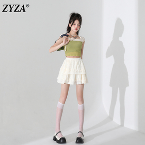 ZYZA蕾丝蛋糕半身裙女2024夏天新款高腰芭蕾风A字蓬蓬短裙小个子