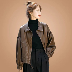 高级感PU皮衣外套秋季2024年新款韩版宽松复古单排扣皮夹克女装