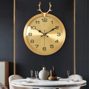新款轻奢鹿头挂钟客厅家用大气石英钟时钟纯黄铜新中式表挂墙钟表