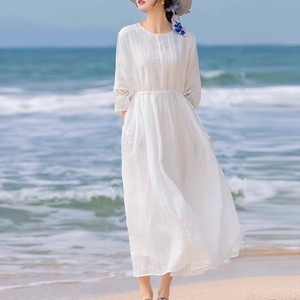 意大利外贸白色镂空棉麻连衣裙女轻薄透气长裙收腰系带亚麻大摆裙
