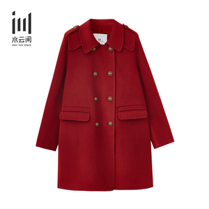 水云间100羊毛气质红色大衣新款女冬中长款双排扣设计感毛呢外套