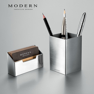 德国MODERN不锈钢笔筒高档现代艺术名片座办公室桌面摆件创意多功