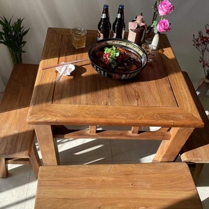 中式桌椅组合复古民宿风化原木长凳老榆木方桌八仙桌餐桌实木茶桌