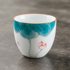中式手绘釉下彩陶瓷泡茶茶杯家用荷韵主人杯茶道品茗杯50ml 60ml