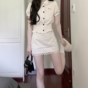 韩系学院风波点套装女夏季甜美短款翻领娃娃衫高腰半身短裙两件套