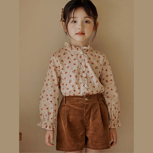 女童长袖套装2024春中小童韩版碎花上衣复古灯芯绒短裤两件套.