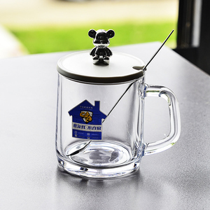 钢化玻璃杯子防摔家用耐热泡茶大容量扎啤酒水早餐小熊马克杯带盖